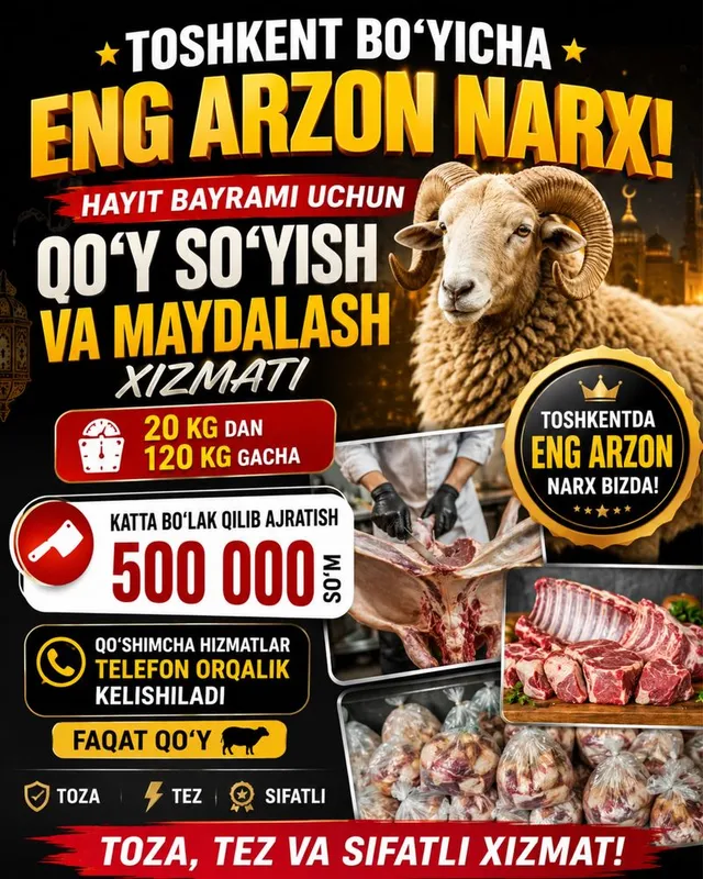 500.000 som Qoy suyish hizmati Qassobchilik