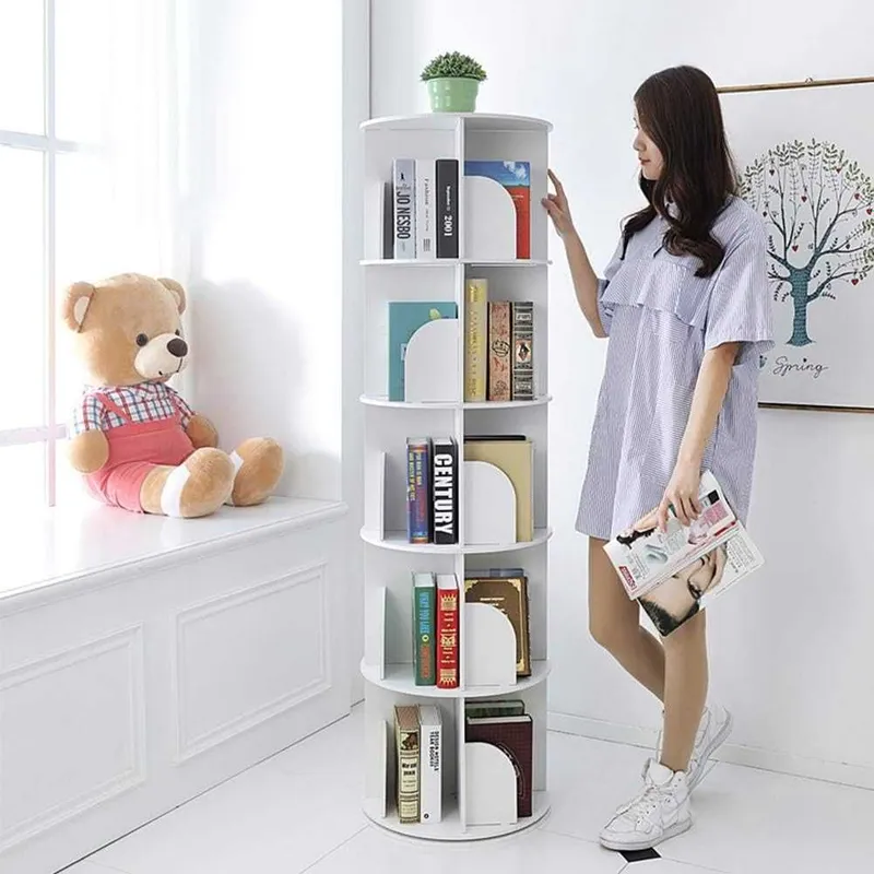 Uy uchun 5 qavatli aylanuvchi kitob javoni oq stellaj 150x35x35 sm 360