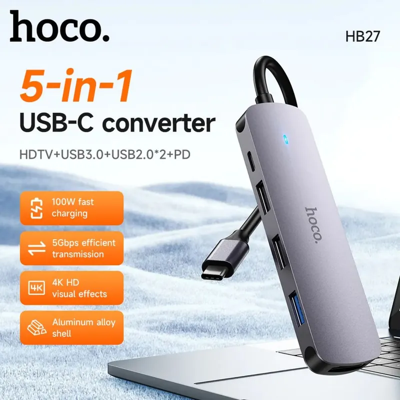 USB Type-C Хаб HOCO HB27 5 в 1, HDMI, USB 3.0, 2×USB 2.0, PD 100W