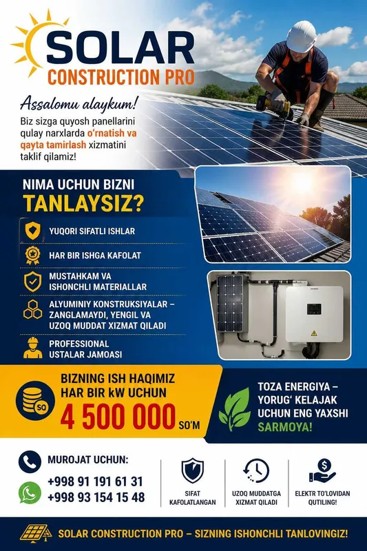 SOLAR CONSTRUCTION PRO Quyosh panellari o‘rnatish xizmati 1