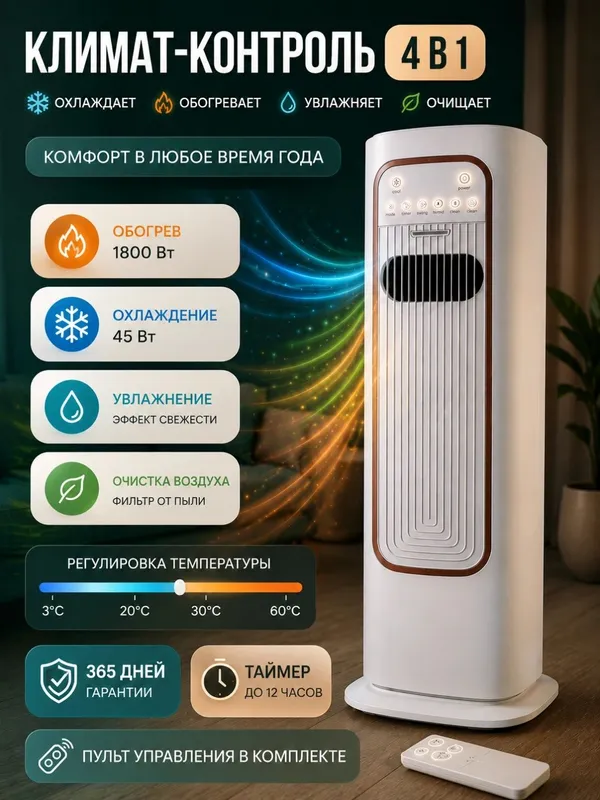 Напольный вентилятор 5в 1:увлажнитель, обогреватель, охладитель, стери