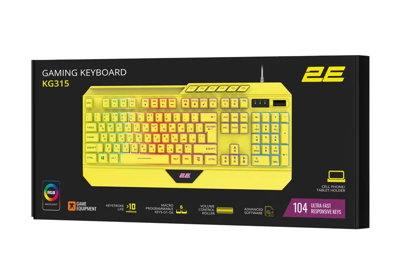 }Клавиатура мембранная 2E GAMING KG315 110key жёлтый — фото 3 }Клавиатура мембранная 2E GAMING KG315 110key жёлтый — фото 3