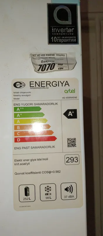 Muzlatkich artel inverter kompressor 160v kuchlashgacha ishlaydi