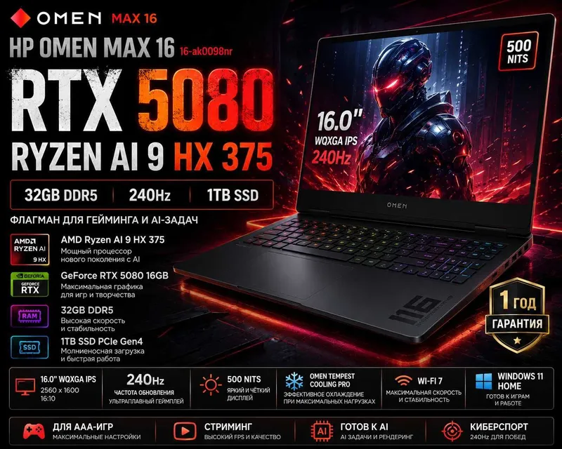 HP OMEN MAX 16 / Ryzen AI 9 / 32GB / 1TB SSD / RTX5080 16GB / 240Гц