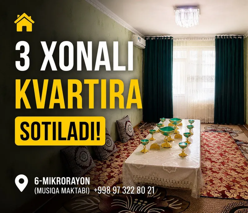 3 xonali kvartira sotiladi, 6-mikrorayon