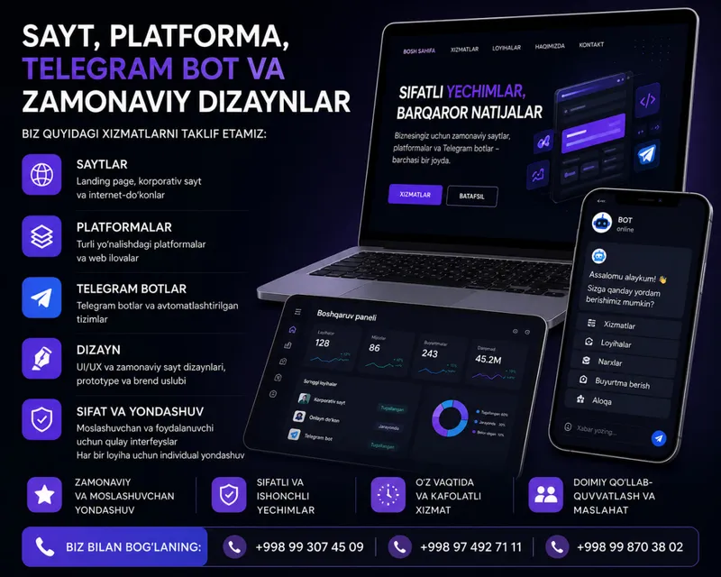 Sayt, platforma, Telegram bot yaratamiz