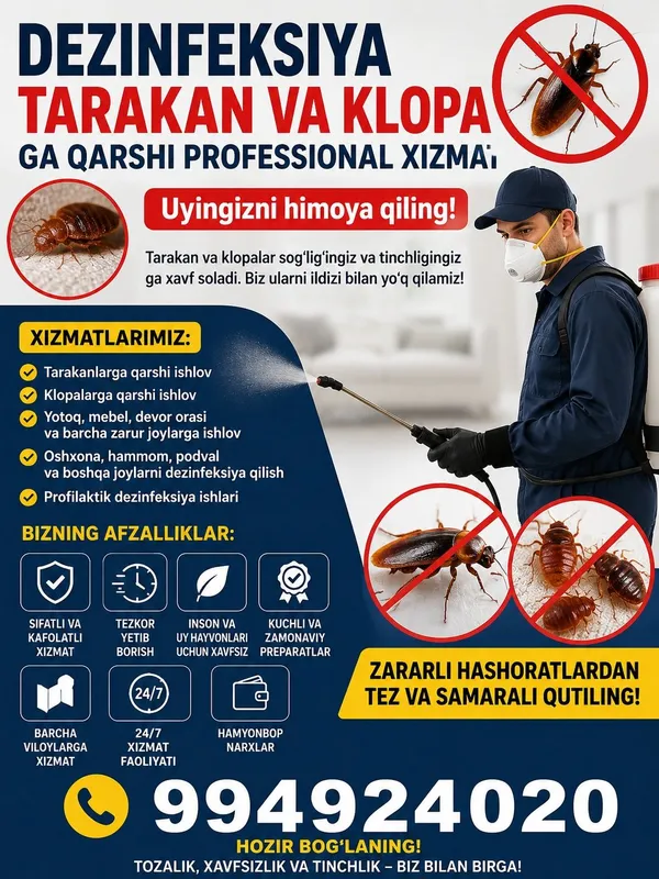Dezinfeksiya klopa tarakan pashsha chivin