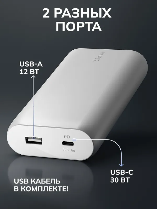 Портативное зарядное устройство Power Bank Belkin 20000мАч, 30Вт PD, MacBook, белый 2 Портативное зарядное устройство Power Bank Belkin 20000мАч, 30Вт PD, MacBook, белый 2