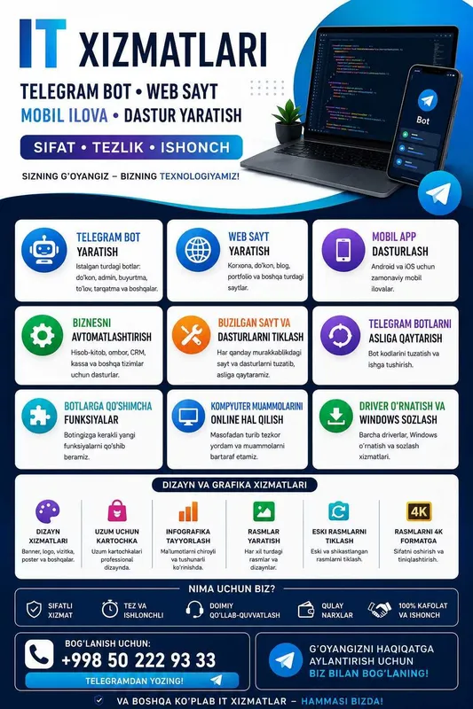 Telegram bot • Web sayt • Mobil ilova • Dastur yaratish |IT xizmatlari — фото 1