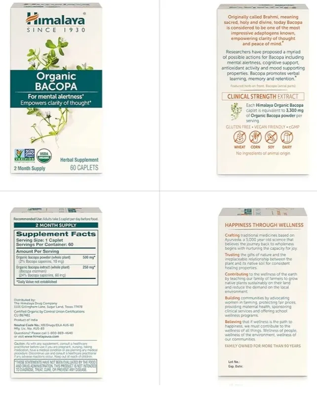 Organic Bacopa,90 caplets,focus, attention, ginkgo biloba,CHEGIRMADA — фото 2