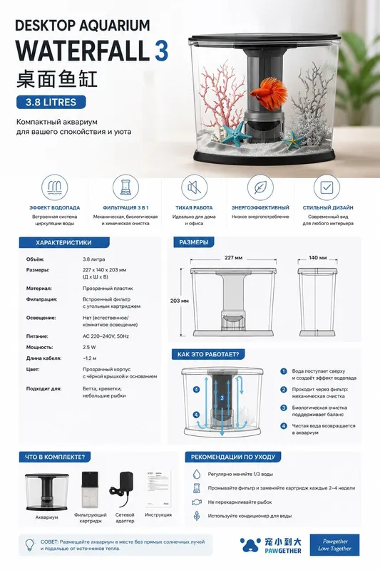 Компактный аквариум WATERFALL 3 — стильное и уютное решение для дома