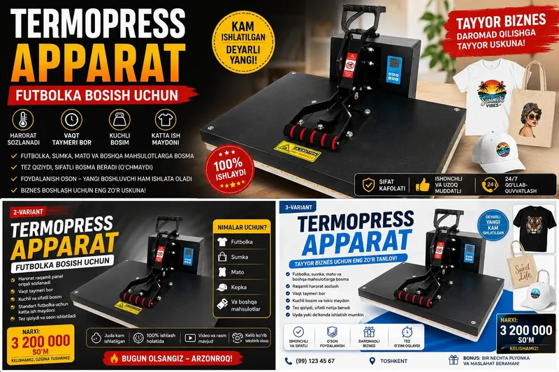 Termopress apparat (futbolka bosish uchun) sotiladi