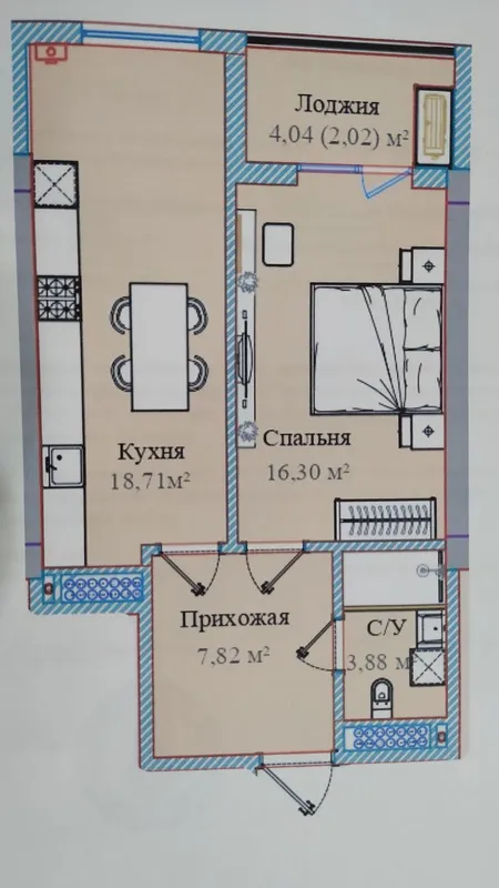 продаётся однокомнатная квартира 48.9 кв. — фото 1
