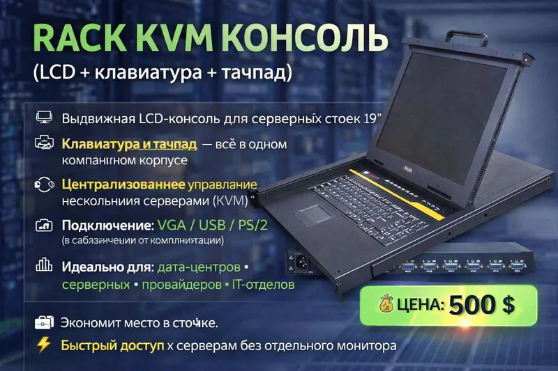 RACK KVM консоль (LCD + клавиатура + тачпад) для стойки 19”