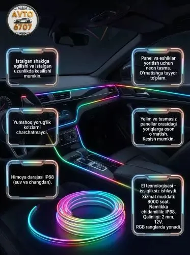 Avtomobil uchun neon RGB lenta, salon yoritgich Avtomobil uchun neon RGB lenta, salon yoritgich