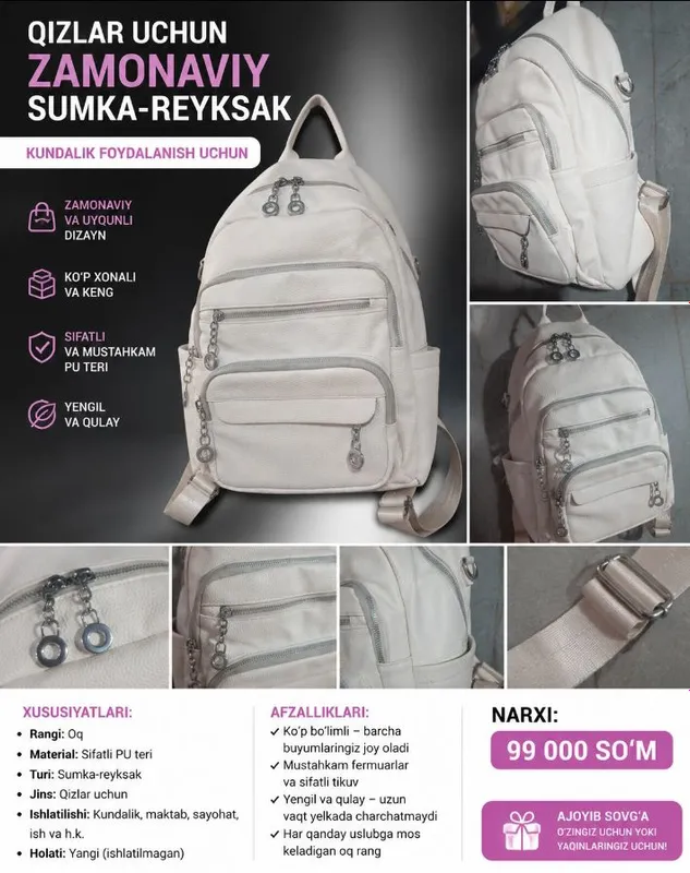 Sumka qizlar uchun: rang oq hamyonbob va sifatli