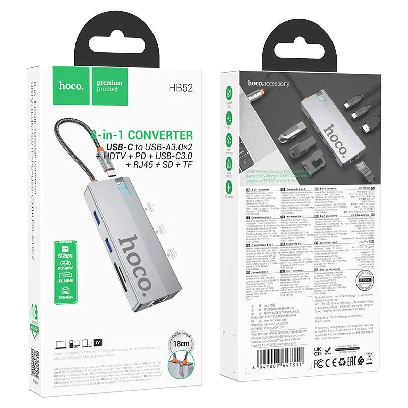 Hoco HB52 Hub Wow 8-в-1 HDMI 4K 60Hz,PD 100W, USB 3.0 5Gbps,RJ45,SD/TF — фото 1
