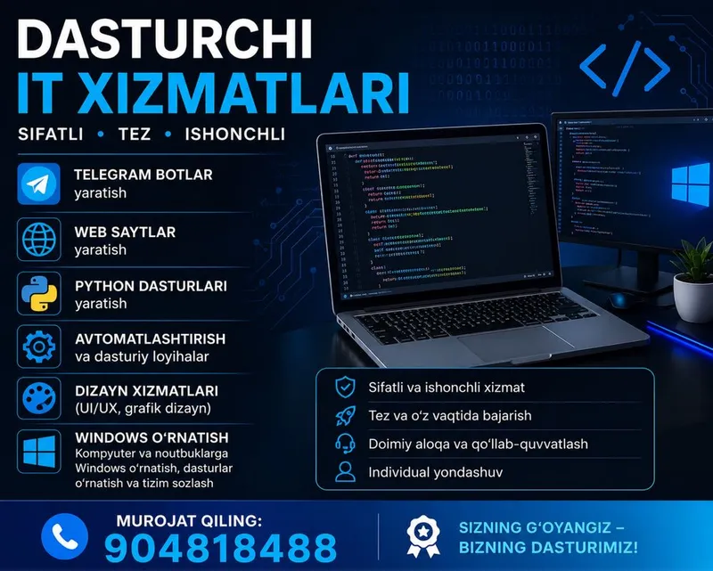 Dasturchi xizmatlari | Telegram bot | Web sayt | Windows o‘rnatish
