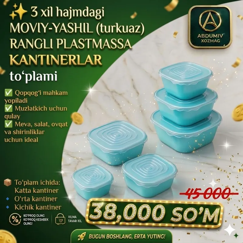 3 xil MOVIYYASHIL PLASTMAS KANTINER ABDUMIV XOZMAG