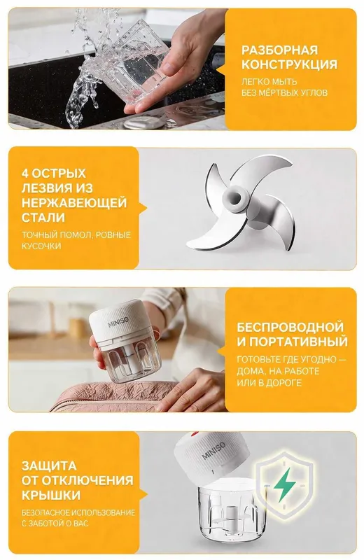Электрический мини измельчитель MINISO USB, для мяса и овощей, 300мл 4