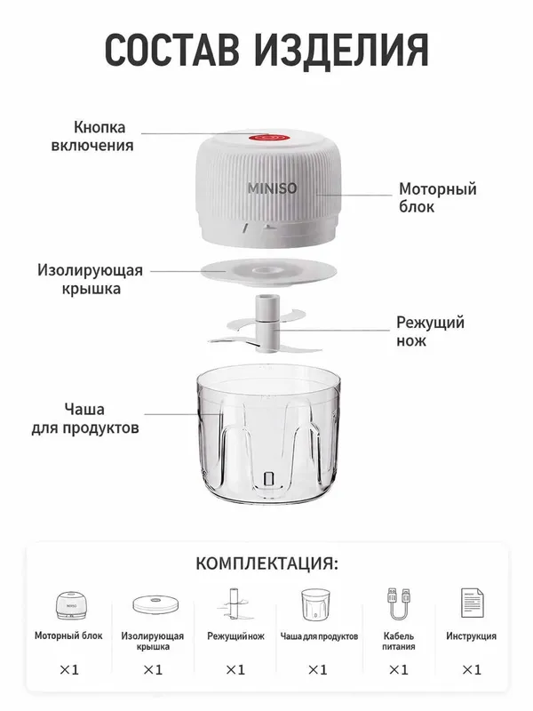 Электрический мини измельчитель MINISO USB, для мяса и овощей, 300мл 6