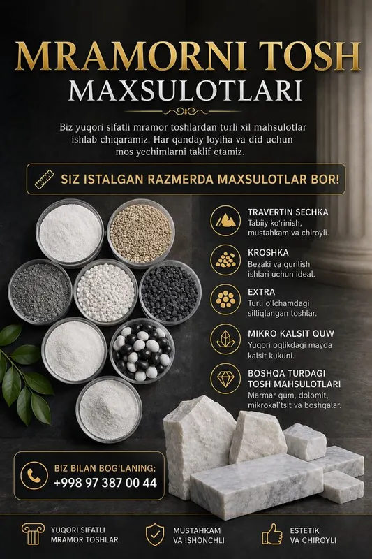 Mramorni kroshka, Mikro kalsit, Qora, Travertin, Talk, Mel, 1