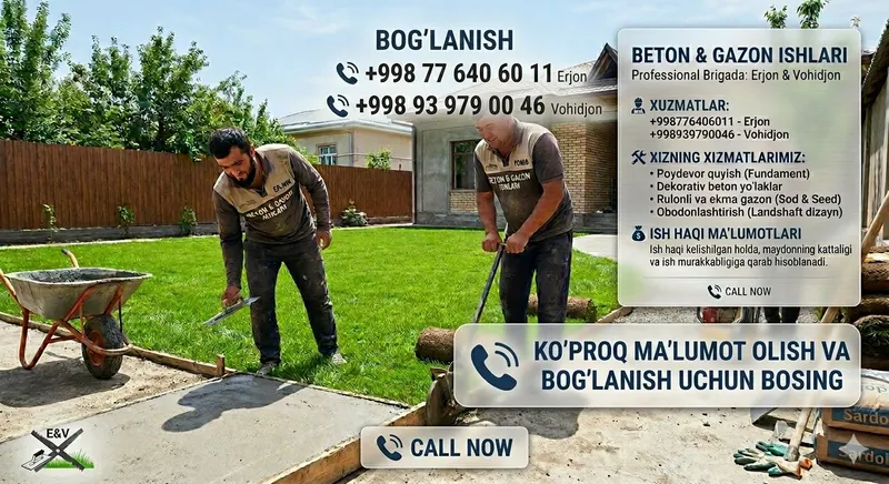 Gazon(suniyva tabiy) va beton ishlari latok kichik fundament va boshqa
