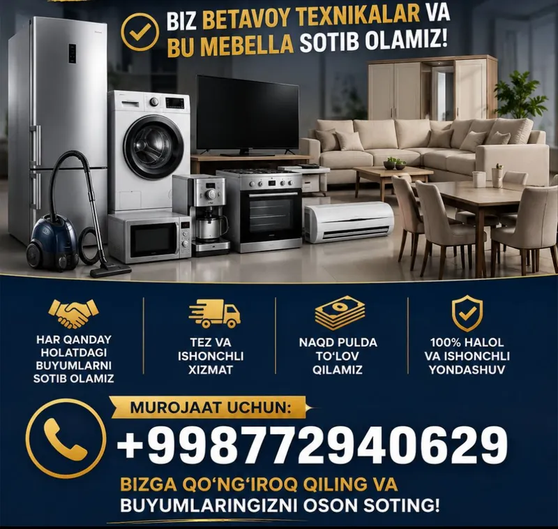 B/u mebel va maishiy texnikalar sotib olamiz