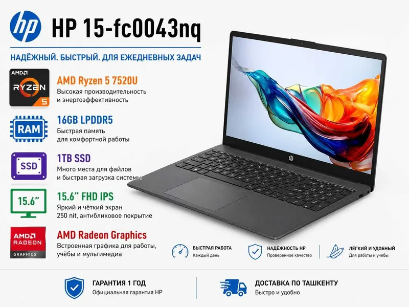 HP Laptop 15 / Ryzen 5-7520U / 16GB / 1TB SSD / IPS / Гарантия 1 год