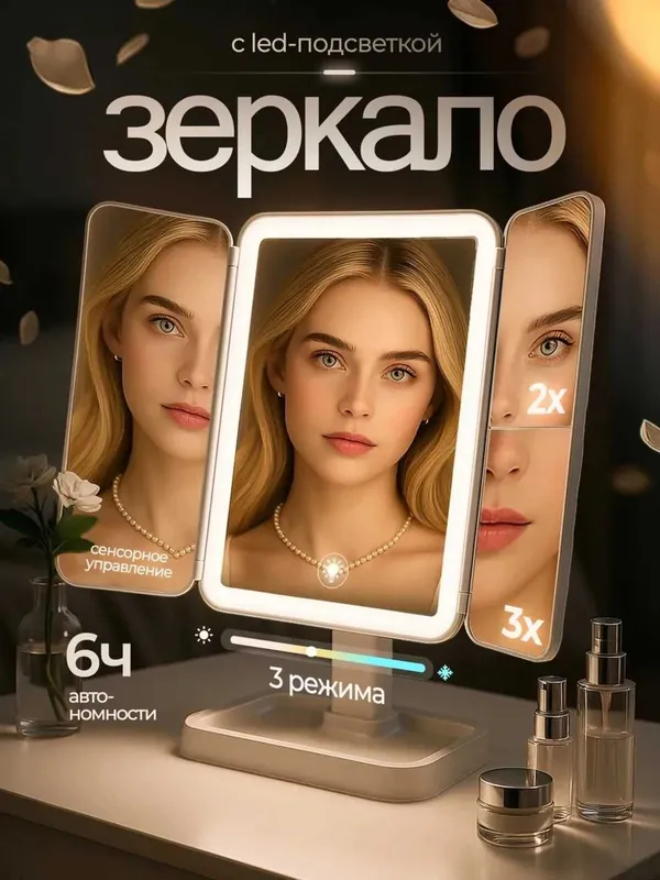 Зеркало настольное для макияжа косметическое с подсветкой