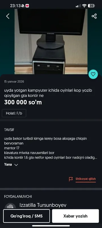 kampyuter uyda yotipdi ishlidi aybi yoq sredni oyinlar va kampyuter or