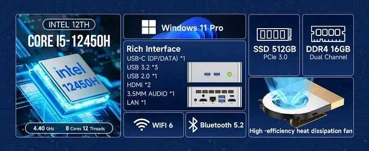 GMKtec Mini PC Intel Core i5-12450H, 16 GB tezkor xotira, 512 GB SSD 3 GMKtec Mini PC Intel Core i5-12450H, 16 GB tezkor xotira, 512 GB SSD 3