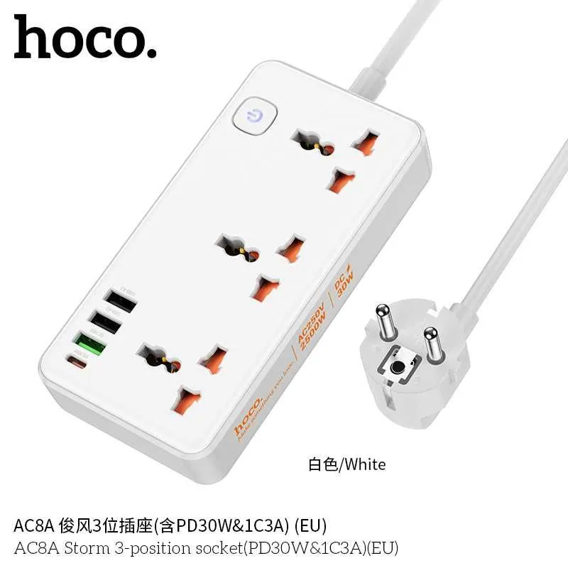 Hoco AC8A Storm Сетевой фильтр 3 розетками и USB-портами PD30W EU/GER — фото 4