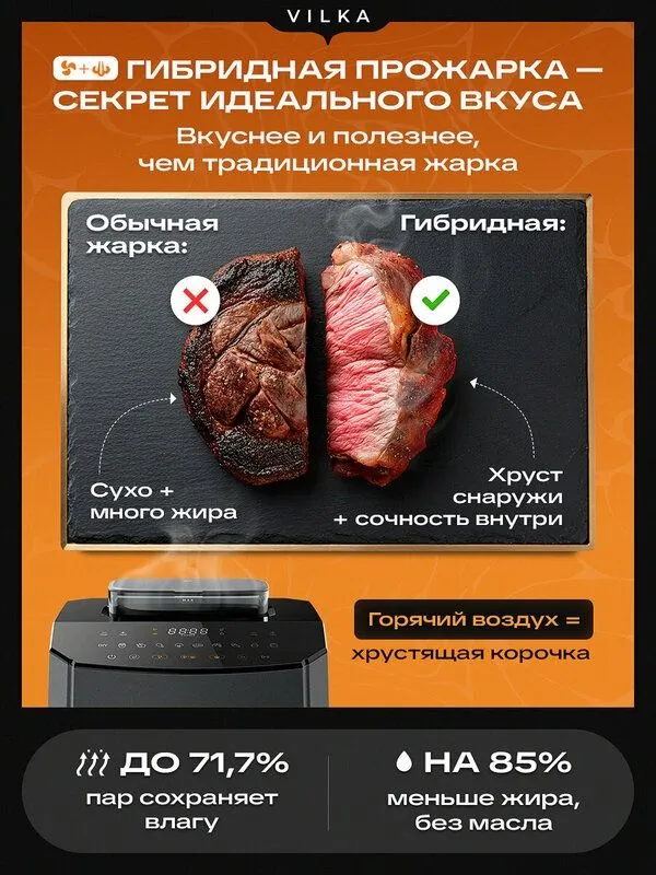Аэрогриль Vilka Steam AC170, с паром, 7л, 2700 Вт, 9 программ, черный — фото 1 Аэрогриль Vilka Steam AC170, с паром, 7л, 2700 Вт, 9 программ, черный — фото 1