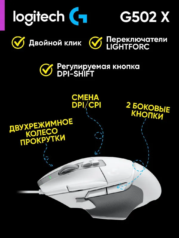Проводная мышь Logitech G502 X, USB-A, оптический сенсор HERO 25K, белый/серый — фото 1