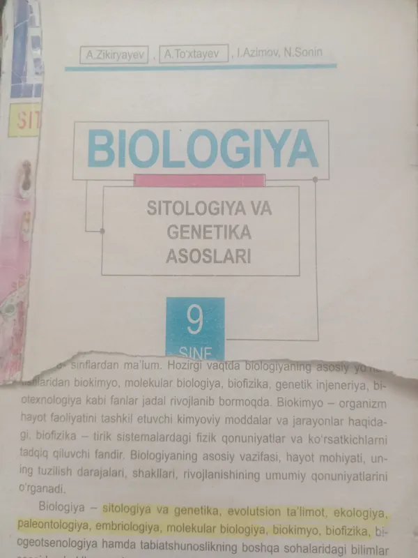 Biologiya 9-sinf Sitologiya va genetik asoslar2019