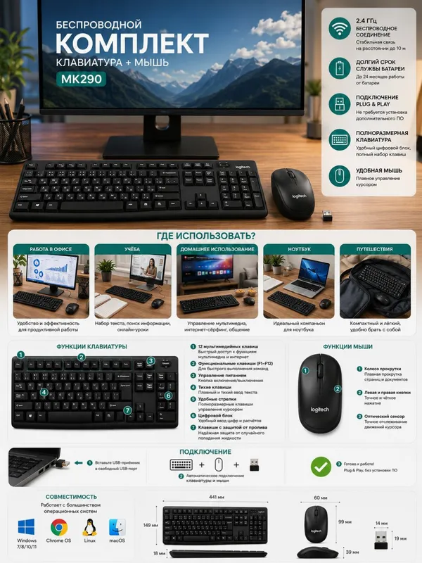 Logitech MK290 Беспроводная клавиатура и мышь 3