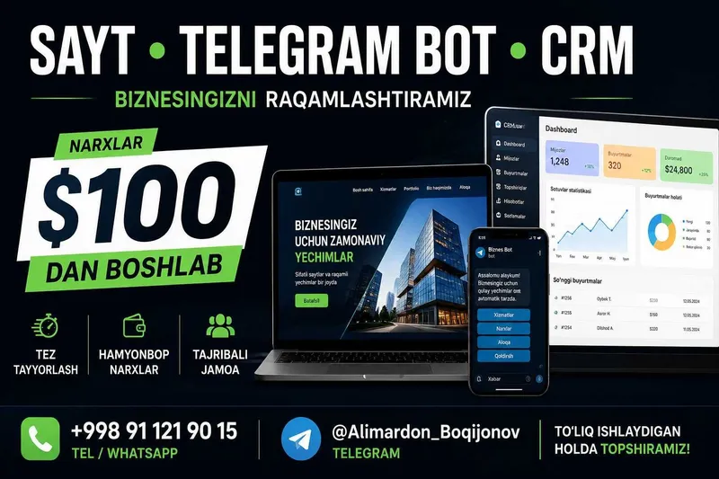 IT xizmatlar arzon narxda — sayt, bot, ilova. IT xizmatlar arzon narxda — sayt, bot, ilova.