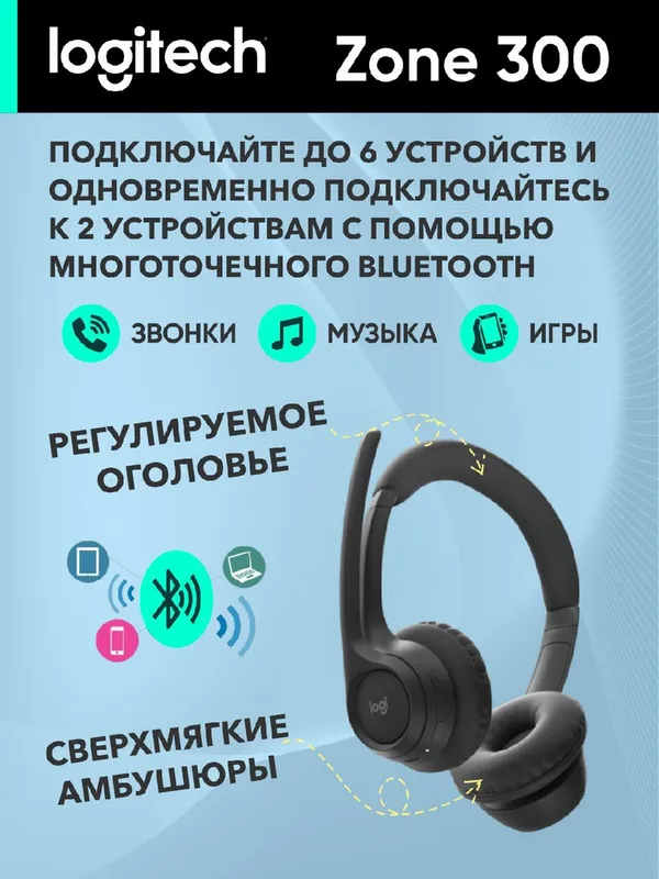 Беспроводные наушники Logitech Zone 300 для компьютера/колл-центра (звонки, музыка) — фото 2