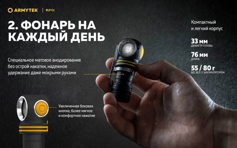 Налобный, водостойкий, противоударный мультифонарь Armytek Elf C1 1 Налобный, водостойкий, противоударный мультифонарь Armytek Elf C1 1