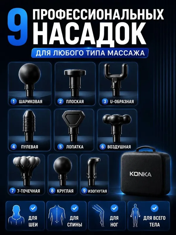Массажер пистолет KONKA 9 насадок, 99 - уровней, + кейс 4
