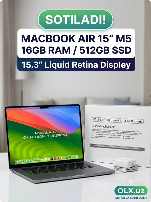 Apple MacBook Air 15" M5 / 16GB RAM / 512GB SSD / Yangi (model: A3448) Apple MacBook Air 15" M5 / 16GB RAM / 512GB SSD / Yangi (model: A3448)