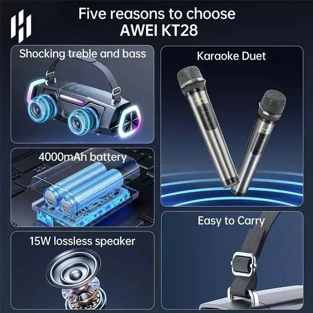 Караоке колонка Awei KT28 30 Вт, Bluetooth, RGB-подсветка, 2 микрофона 3