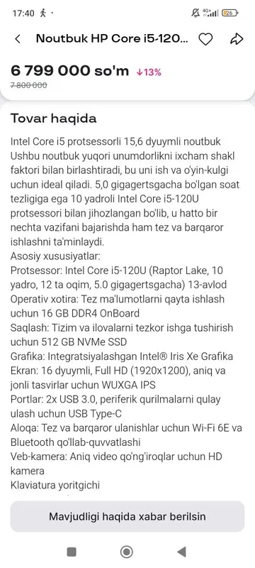 Noutbuk sotiladi HP yangı holatdagi 6 Noutbuk sotiladi HP yangı holatdagi 6