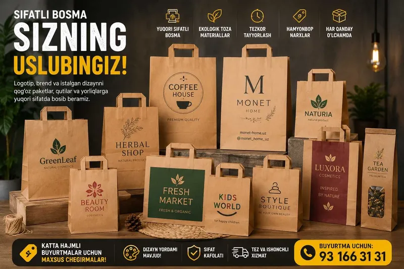 Qog'oz paketlarga logo bosish | Kraft paket | DTF print