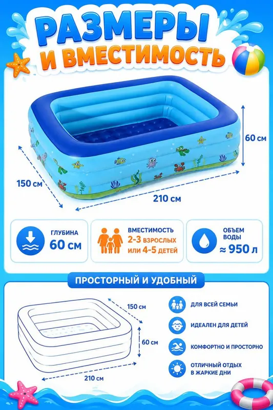Надувной семейный бассейн Intime 210×150×60 см 3