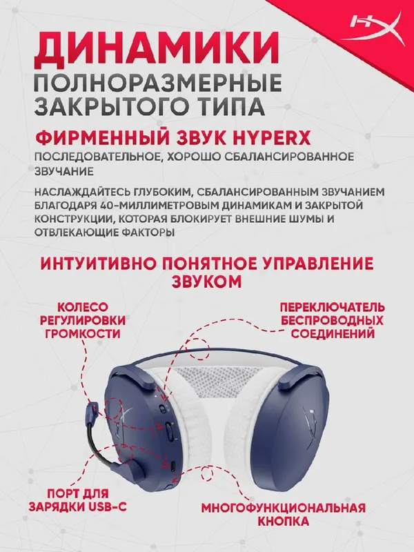Беспроводные наушники HyperX Cloud Jet WL LBLU GAM HS, для ПК, PS4/5, мобильных устройств, с микрофоном — фото 4
