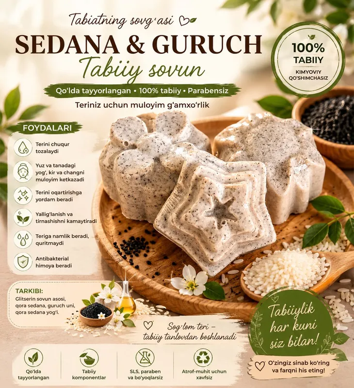 Tabiiy sovun, krem, penka va spreylar