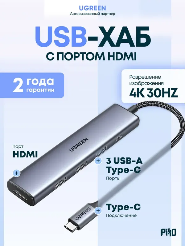 UGREEN USB-C адаптер 5 в 1 HDMI 4K