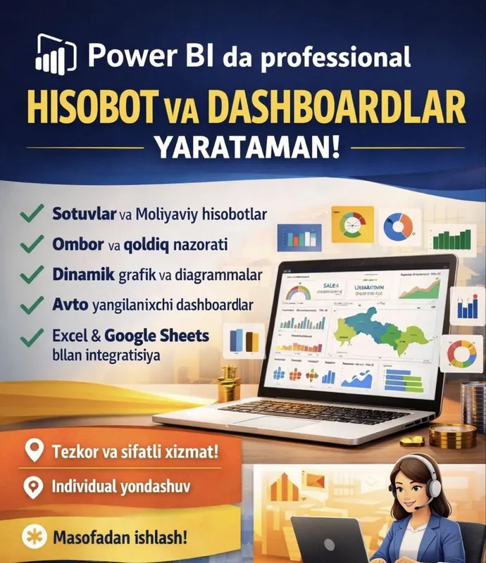 Power BI da professional hisobot va dashboardlar yaratib beraman
